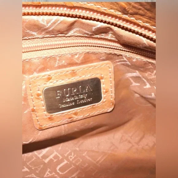 Furla Ostrich Embossed Leather Large Hobo Shoulder Bag Tan Italy - Picture 8 of 9